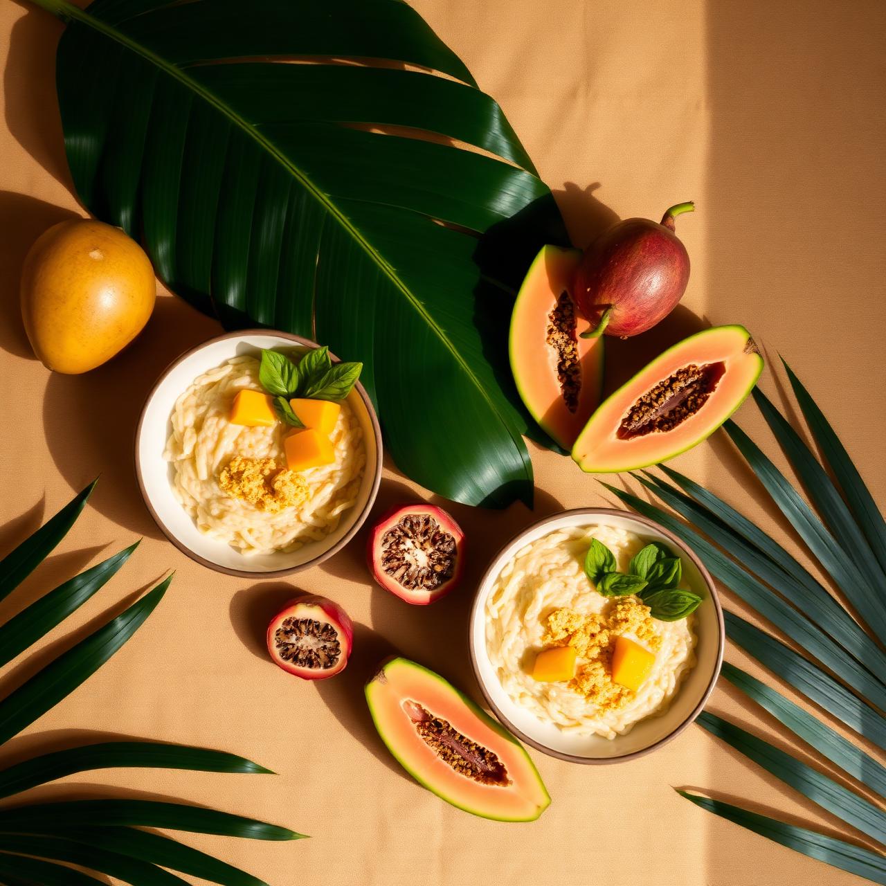Bowls of nasi and tropical fruit on banana leaves